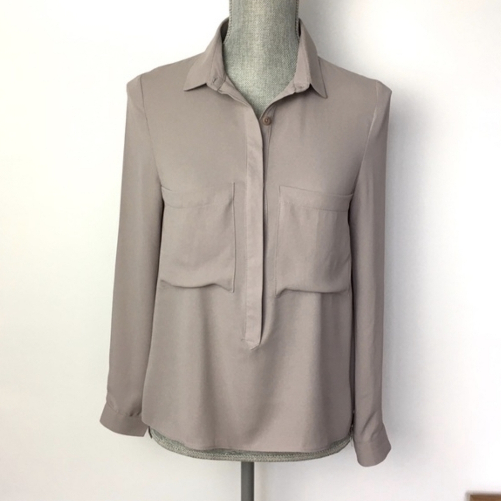 OAK & FORT Taupe Grey Semi Sheer Hi Low Hem Long Sleeve Blouse XS